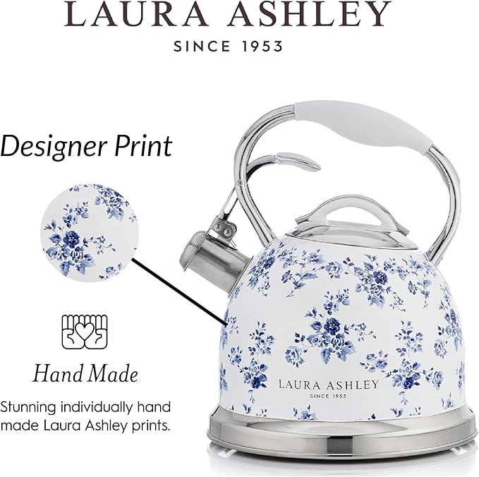 VQ Laura Ashley China Rose 2.5L Stainless Steel Tea Kettle Stovetop Whistling Teapot for Induction, Gas Hob or others. Silicon Coated Cool Handle & Push Button Mechanism Vintage Stove Top Kettle