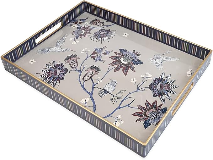 Rectangle Plastic Serving Tray with Handles, Elegant Decorative Tray for Coffee Table, Ottoman, Living Room, Kitchen, Outdoor Use. 12"*16"*1.6" A