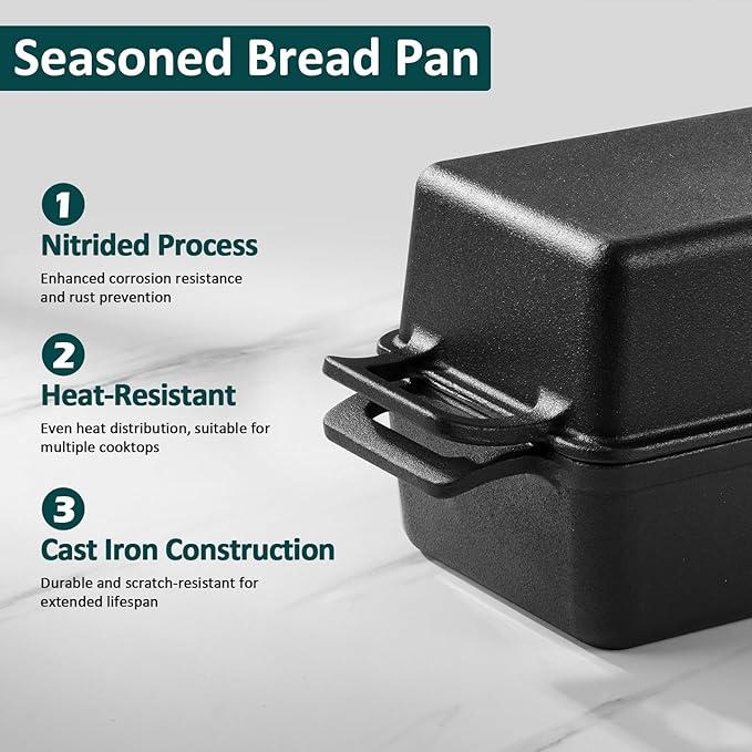 Leonyo 9 x 6 inch Cast Iron Loaf Pan with Lid, 2-in-1 Sourdough Baking Pan, Pre-seasoned Loaf Dutch Oven for Homemade Bread, Pound Cake, Lasagna, Up to 500℉ & Black