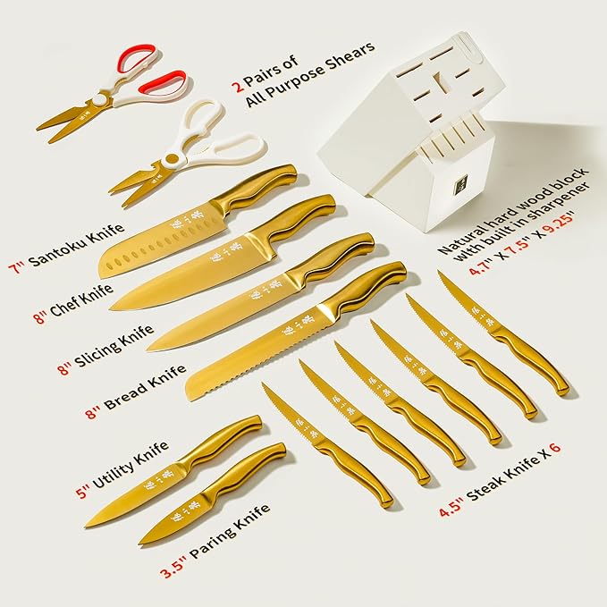 ZHANG XIAO QUAN SINCE 1628 15Pcs Knife Set with White Block, High Carbon Stainless Steel Kitchen Knife Set, Sharp and Durable, Hundreds of Years of Masterful(Golden)