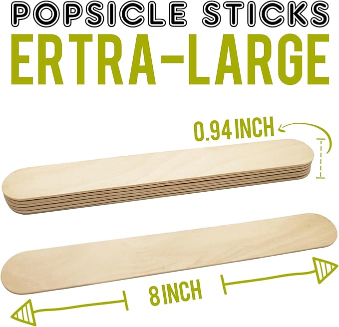 WISYOK 8'' Jumbo Craft Sticks - 42pcs Extra Large Natural Premium Wood, Ice Cream Sticks, Wooden Jumbo Sticks, Large Tongue Depressors, Plant Labels, Hair Removal and Waxing Supplies, Crafting