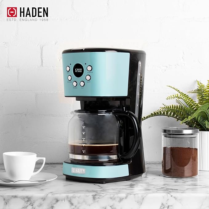 HADEN Coffee Machine, 12 Cup Drip Coffee Maker Bundled with Heritage 1.7 Liter Stainless Steel Electric Kettle, Turquoise & Chrome