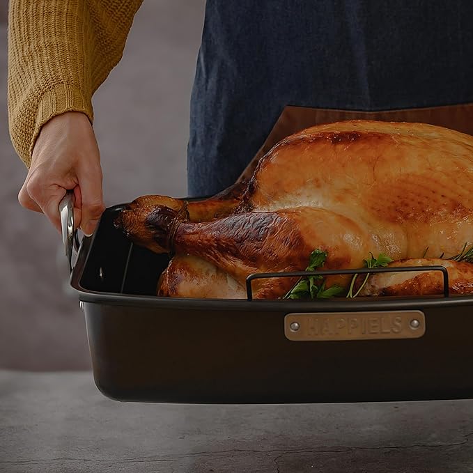 HAPPIELS 17 x 13 inch Roasting Pan with Rack, 20-25 lb Large Turkey Roasting Pan for Oven Non Stick, Turkey Roaster Pan with Rack, Roasting Pans, Turkey Pan, Deep Roast Pan, Prime Rib Roaster