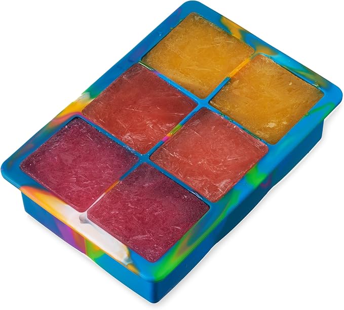 Host Ice Cube Tray with Lid, Makes 6 Large 2" Cubes, Durable Silicone Trays, Perfect for Cocktails, Beverages, Mocktails, Iced Coffee, Tea, Infused Water, Kitchen Essentials, Set of 1, Colored Marble
