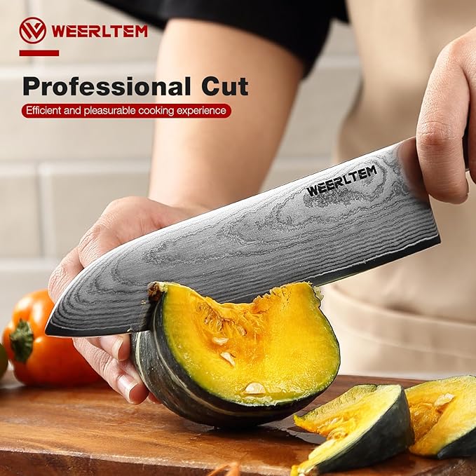 Japanese Damascus Santoku Chef Knife 7''（Mirror finish blade）, 67-Layer VG10 Damascus steel & Black G10 Handle for Cooking Kitchen (Gift Box)