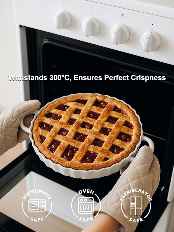 10×2in Deep Ceramic Pie Pan with Handles for Pie Quiche Tart Baking. Easy to grip, Lead-Free. Casserole Lasagna Dish for Thanksgiving Christmas Wedding Gift. Microwave, Dishwasher, Oven Safe