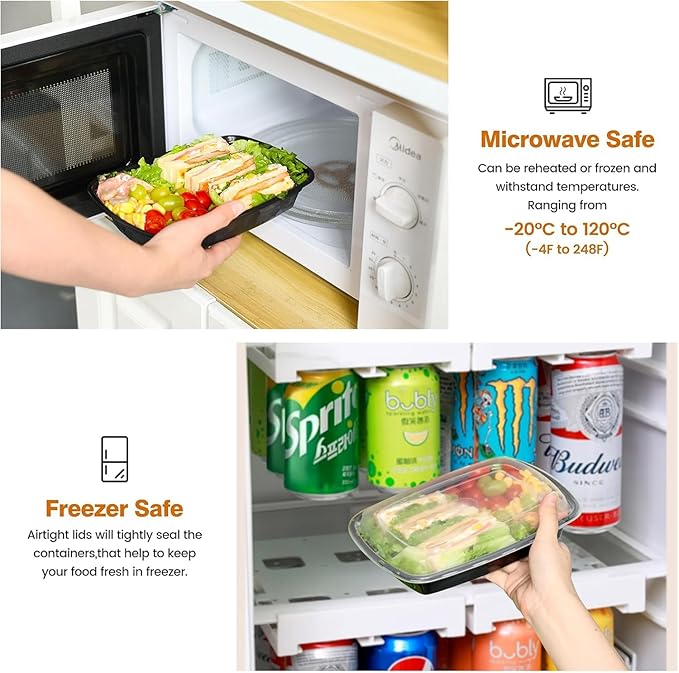 Glotoch Express 32oz 1-Compartment Black Square Food Containers with Lids, Durable BPA-Free Plastic Meal Prep Boxes, Microwave/Freezer/Dishwasher Safe, 300 Pack