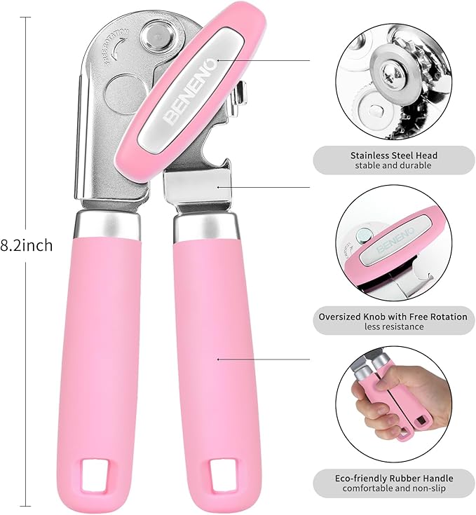Beneno Heavy Duty Hand Can Opener Manual with Magnet, Durable Sharp Carbon Steel Blade Smooth Cutting, Big Effort-Saving Knob & Soft Grip Handle, Multifunctional Kitchen Tool with Bottle Opener, Pink