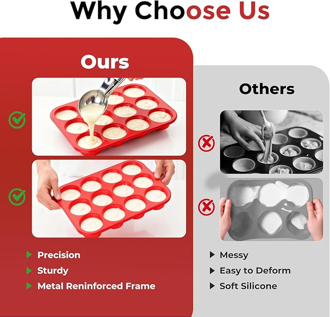 Samuelworld Silicone Muffin Pan for Baking: 24 Cup Muffin Pan with Metal Reinforced Frame, Regular Size Cupcake Egg Bites Molds for Baking, BPA Free Silicone Muffin Tray, 2 Pack, Red (With Scooper)