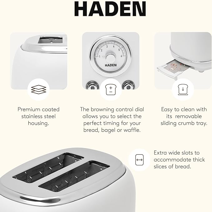 Haden Chelsea 2 Slice Wide Slot Toaster with Adjustable Browning Control, Ivory & Chrome