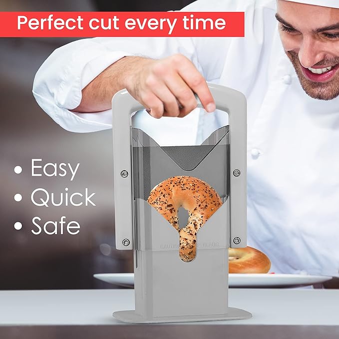 Slyce - Bagel Slicer, Bagel Cutter with Safety Shield and Safe Grip, Bagel Holder for Cutting Large and Small Bagels, Stainless Steel Blade (Gray)