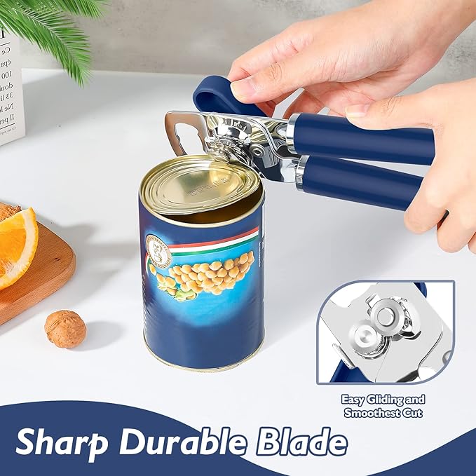 10 Colors Can Opener Manual Handheld Heavy Duty Hand Can Opener Smooth Edge Stainless Steel Can Openers Top Lid Kitchen Gadgets, Best Large Rated Easy Turn Knob, with Bottle Opener, Navy Blue