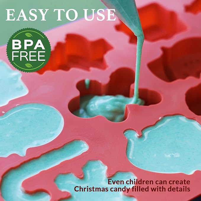 HKNMTT Christmas Silicone Chocolate Molds, 2 PCS Candy Baking Moulds, 3D Snowflake Cane Snowman Xmas Tree Gingerbread Man Santa Claus Gift Box Shape Mold for DIY Handmade Soap Candles Jello