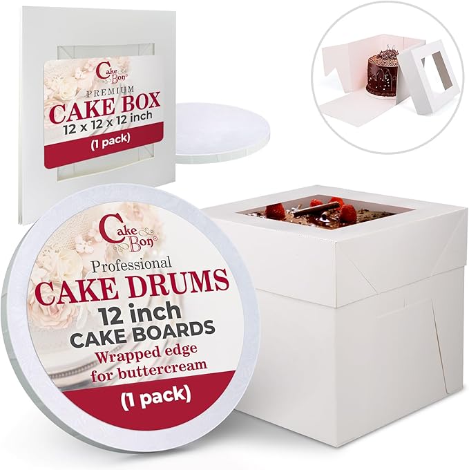 Cakebon Cake Boxes with Boards - 12 Inch Round Cake Drum White (1-pack) - Box With Window for Birthdays, Weddings and Parties