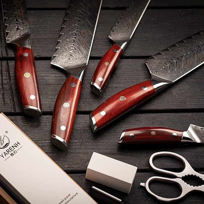 YARENH 8-Piece Kitchen Knife Set with Block,Damascus Chef Knife, 67-Layer High Carbon Stainless Steel,Sharp Rust-Resistant Blades,Sandalwood Handle