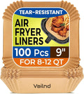 Vailnd Air Fryer Liners Disposable, 100Pcs 9 Inch Max Xl Large Cooker Airfryer Paper Liners, Oil Proof Parchment Sheets Square Basket Baking Liner for 8/10/11/12 QT Air Fryer Microwave