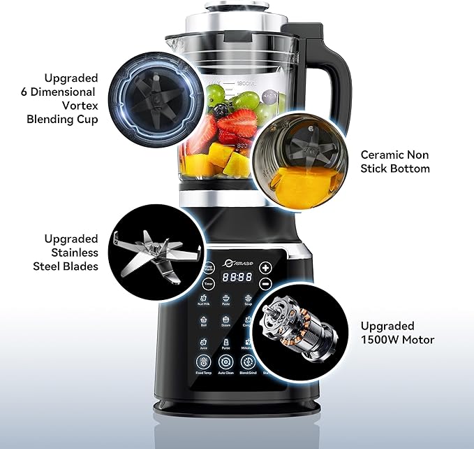 Glass Blenders for Kitchen with Tamper High-Speed Heating Blender – 1500W Motor, 9 Adjustable Speeds, 14 Preset Programs, Nut Milk, Smoothies, Soups, Baby Food, Auto Clean, Ideal for Home & Family Use