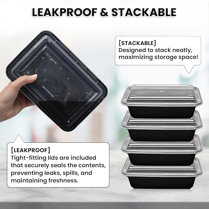 Klex 16 Oz, 150 Sets Meal Prep Containers with Airtight Lids, BPA Free, Reusable Plastic Food Container, 16 oz, Rectangular, Black/Clear, 150 Sets