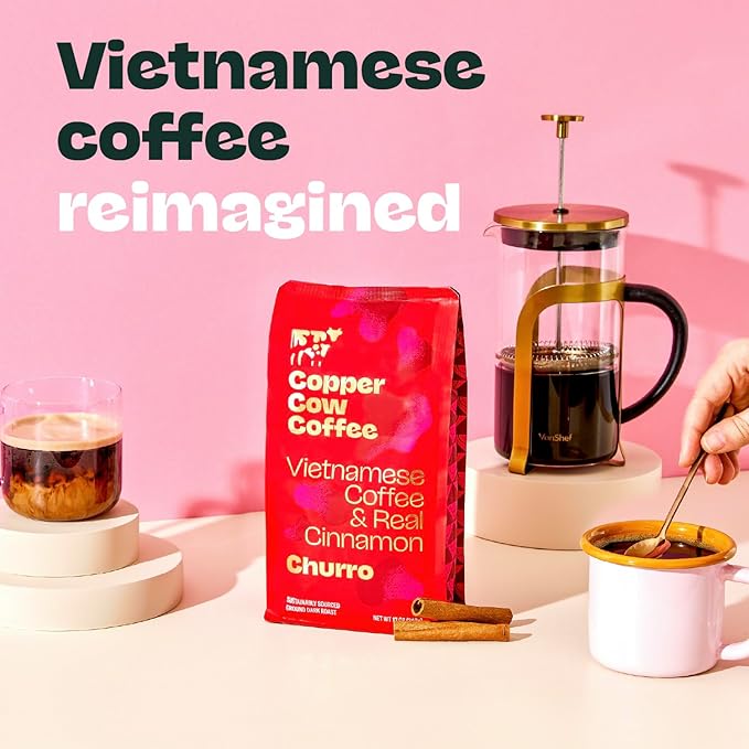 Copper Cow Premium Vietnamese Ground Coffee, 24 OZ | Churro Flavored Coffee | Dark Roast Made with Real Cinnamon | Vietnamese Coffee