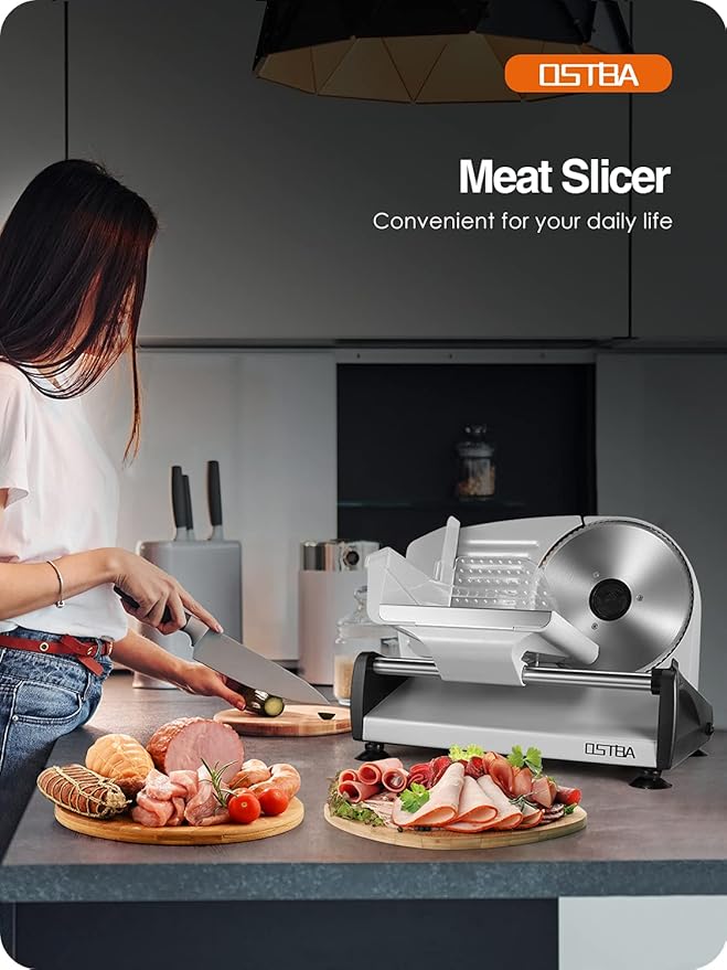 OSTBA Electric Deli Meat Slicer, 200W Food Slicer with 0-15mm Adjustable Thickness, 7.5” Removable Stainless Steel Blade & Food Carriage, Child Safety Lock, Easy to Clean - For Home Use