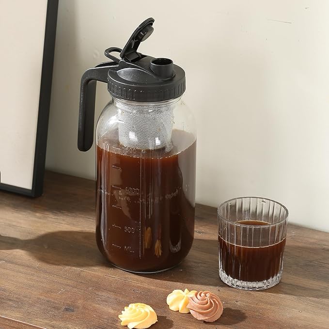 Cold Brew Coffee Maker Pitcher 64-ounce Glass Wide Mouth Mason Jar with Stainless Steel Filter and Pour Spout Handle Lid (Black, 64Ounce)