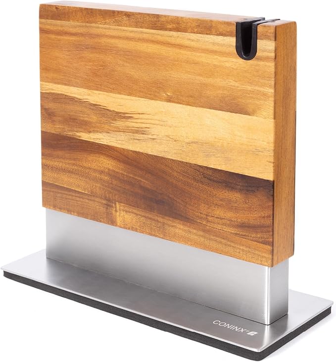 Coninx Magnetic Knife Block with Integrated Sharpener - Double Sided Walnut Wood Knife Holder - Universal Knife Stand with Non-Slip Base for Kitchen Countertop