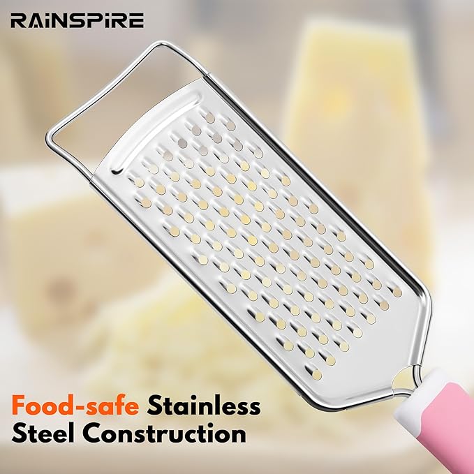 Rainspire Professional Cheese Graters for Kitchen Stainless Steel Handheld, Metal Lemon Zester Grater With Handle For Cheese, Chocolate, Spices, Kitchen Gadgets And Tools, Soft Grip Handle, Pink