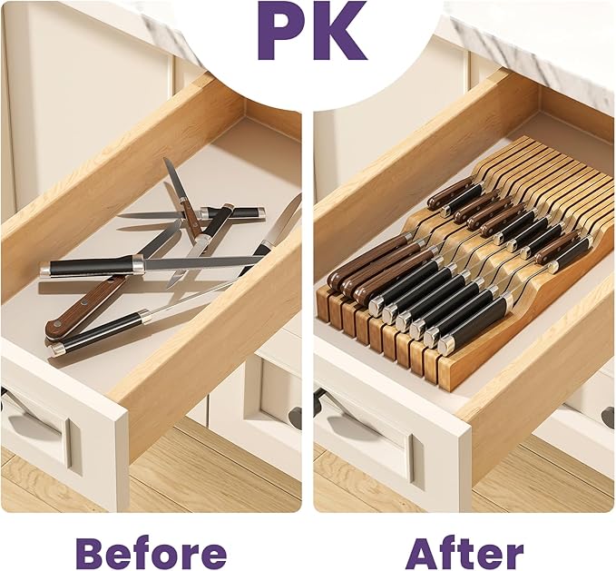 Bamboo In-Drawer Knife Block for 19 Knives(Not Included), Knife Drawer Organizer,Knife Holder Countertop,Block Knife Storage Organizer for Kitchen