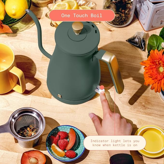 Beautiful 1L Electric Gooseneck Kettle, Precision Pour Spout, 1200W Fast Boil, Auto Shut-Off, Cordless, Stainless Steel, Tea & Coffee Maker with Ergonomic Handle, Thyme Green