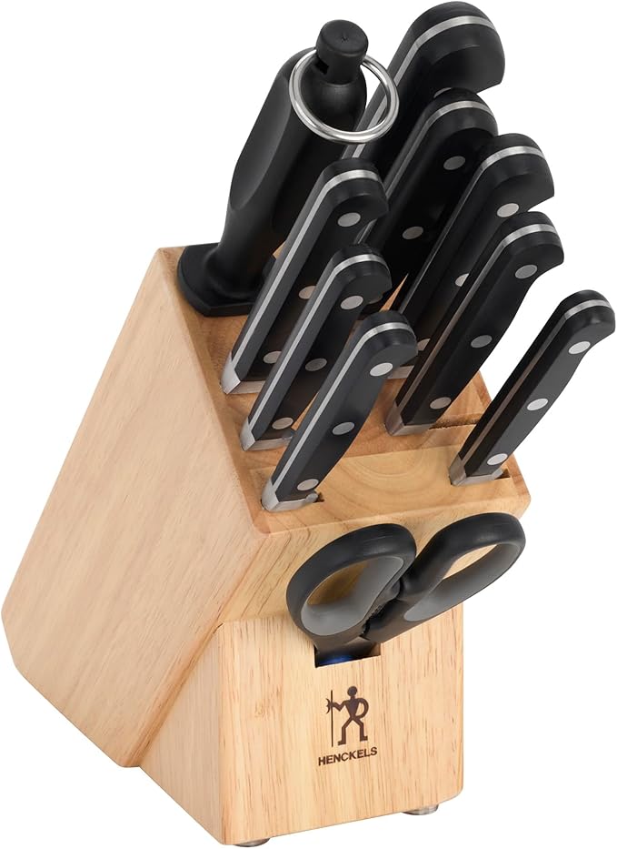 HENCKELS Classic Razor-Sharp 11-Piece Knife Block Set, Chef Knife, Bread Knife, Carving Fork and Knife, German Engineered Informed by 100+ Years of Mastery, Natural Block