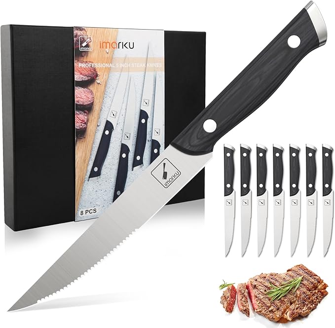 imarku Steak Knives, Steak Knives Set of 8, Serrated Steak Knife Set with Pakkawood Ergonomic Handle, Japanese HC Steel Steak Knife and Gift Box, Best Gift for Christmas&Thanksgiving