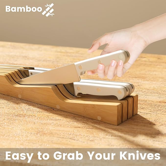 Bamboo In-Drawer Knife Block for 7 Knives(Not Included), Knife Drawer Organizer,Knife Holder Countertop,Block Knife Storage Organizer for Kitchen