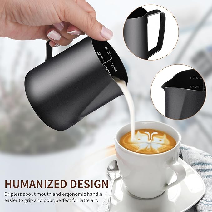 Milk Frothing Pitcher, 20OZ/600ML Stainless Steel Espresso Steaming Pitcher Coffee Milk Frother Cup with Decorating Art Pen for Espresso Machine, Milk Frother, Latte Art