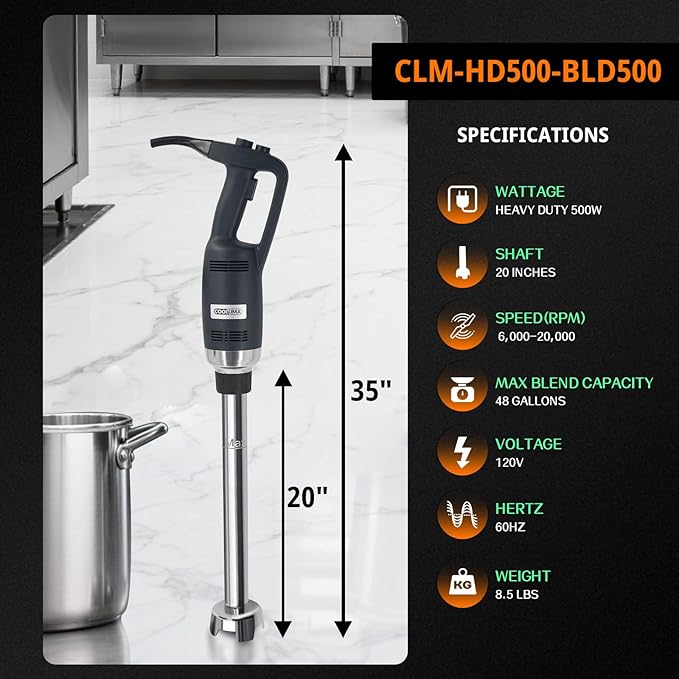 Commercial Immersion Blender, 500W Heavy Huty Hand Blender, With 20 Inch Detachable Shaft, 48 Gallons Capacity, Professional Industrial Grade Commercial Hand Mixer.