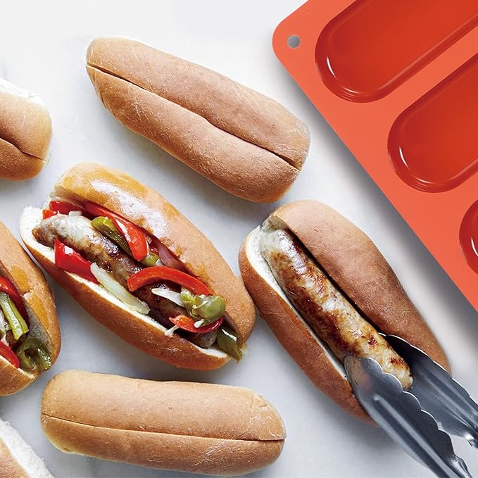Webake 6 Inch Hot Dog Bun Pan, 2 Pack SIlicone Hotdog Bun Molds Nonstick Bread Forms, Mini Baguette Sandwich Baking Tray for Hot Dog Bun Rolls Cake and Eclair