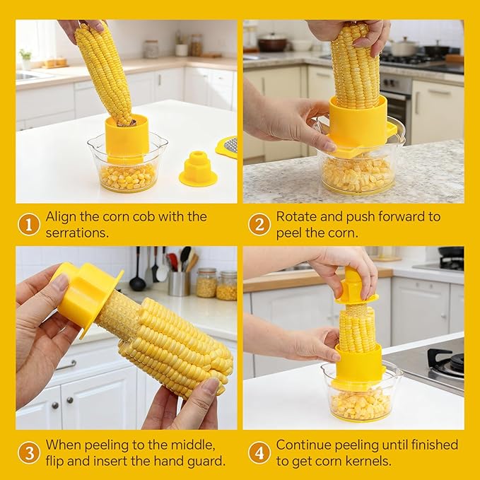 Corn Cob Stripper and Peeler Tool with Bowl, Multifunction Quick Corn Kernel Cutter Set with Grinder, Fast Kernel Peeler for Corn on The Cob, Non-Slip Base for Kitchen