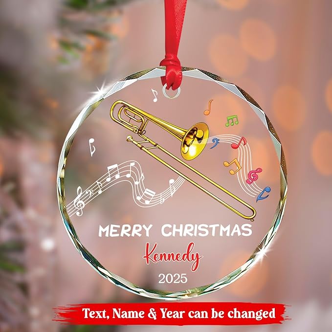 Custom Text & Name Trombone Instrument Player Glass Ornament, Trombone Christmas Ornament Gift for Instrumentalist, Personalized Trombonist Xmas Glass Ornaments, Musical Instrument Christmas Keepsake