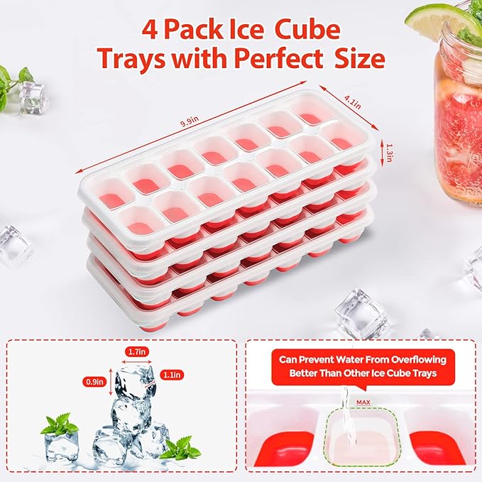 DOQAUS Ice Cube Trays 4 Pack, 56 pcs Silicone Ice Cubes Tray Maker with Spill-Resistant Removable Lid, Easy Release & Pop out, LFGB and BPA Free, Stackable Flexible, for Baby Food, Cocktail, Coffee