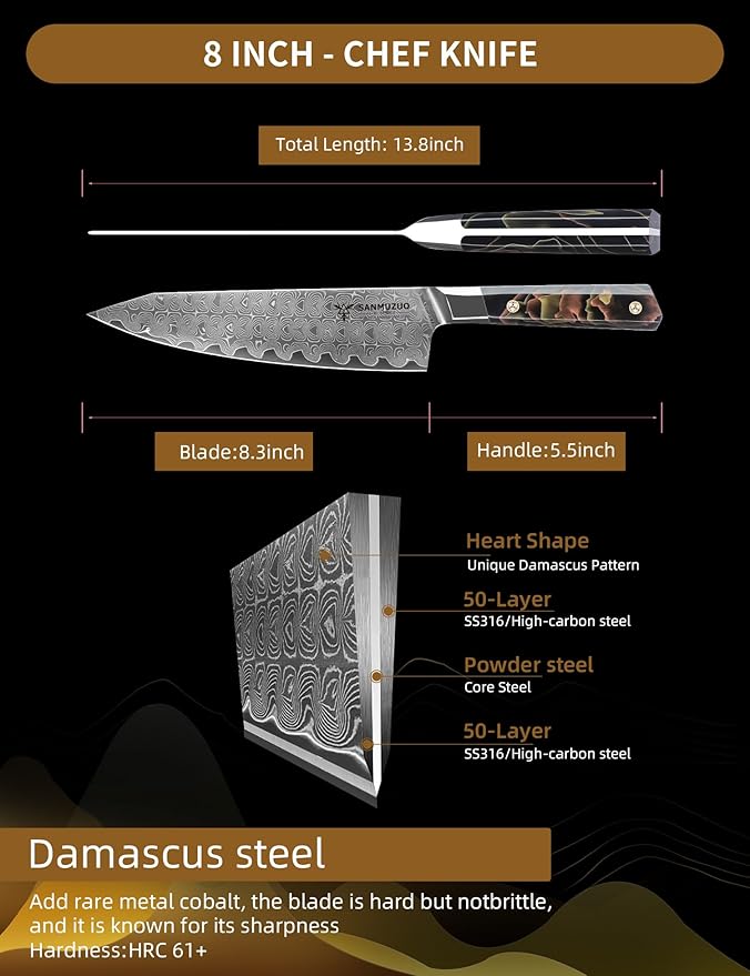 Kitchen Chef Knife 8 Inch, Professional Kitchen Knife, Ultra Sharp Damascus Powder Steel with Full-tang Resin Handle, Bi Series