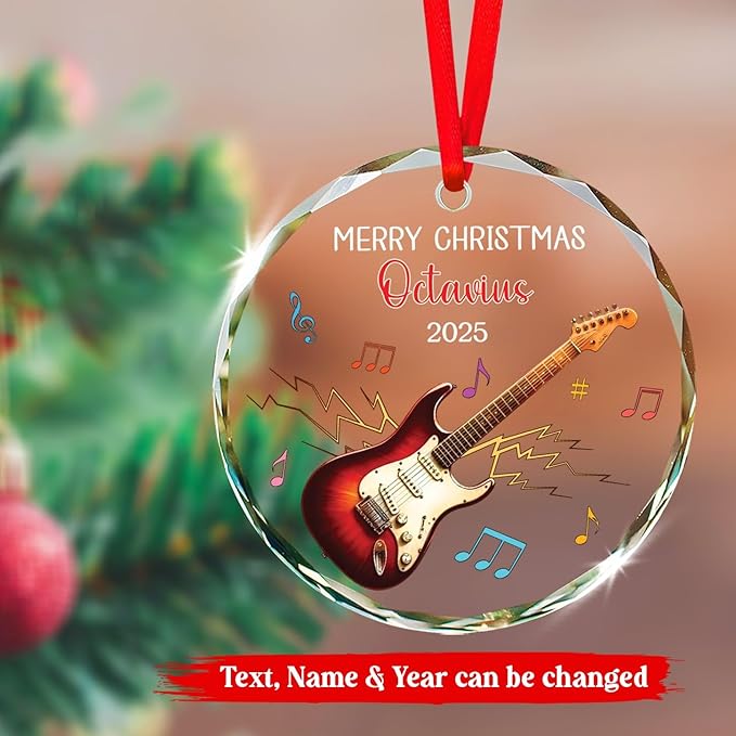 Personalized Electric Guitar Christmas Ornament Gift for Musician, Electric Guitar Player Glass Ornament Xmas 2025, Custom Text & Name Guitarist Glass Keepsake, Musical Instrument Christmas Ornaments