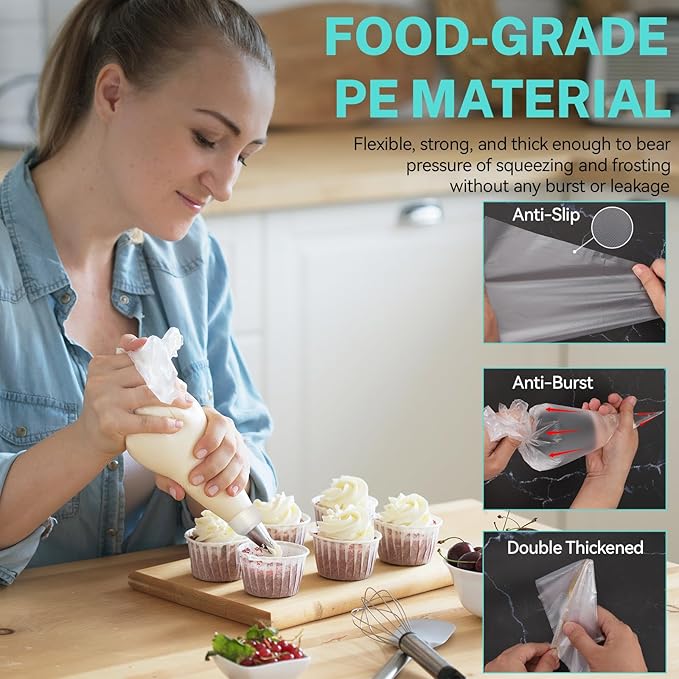 HOTEC Piping Bags and Tips Set, 120 Pcs Cake Decorating Kit with 100pcs 12 Inch Disposable Pastry Bags, 1 Reusable Piping Bags, 12 Piping Tips, 3 Cake Scraper, 2 Couplers, 2 Bag Ties, Baking Supplies