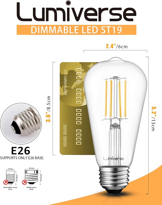 Lumiverse 60 Pack E26 led Bulb 60 watt dimmable Vintage LED Edison Bulbs 5.5W, 60W Equivalent, 2700K Soft White, Antique Style ST19/ST58 LED Light Filament Bulbs, CRI 90+, E26 Base