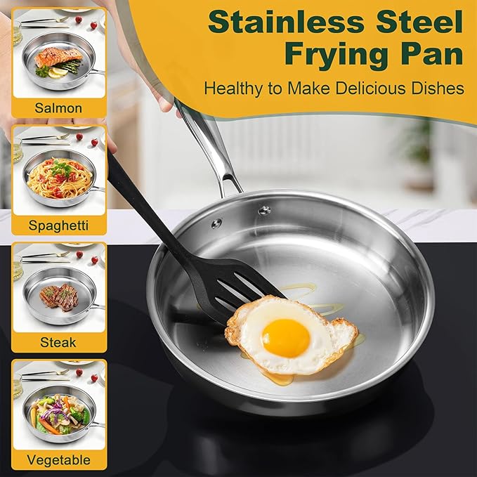P&P CHEF 8 & 10 Inch Stainless Steel Frying Pan, 3-Ply Stainless Steel Pan Skillet, Induction Stir-fry Pan, Oven & All Stoves Safe, Heavy Duty & Even Heat, Dishwasher Safe, Silver, (2 Pieces)