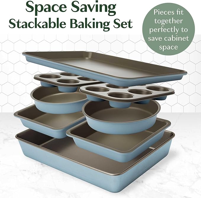 Goodful All-In-One Nonstick Bakeware Set, Stackable and Space Saving Design includes Round and Square Pans, Muffin Pans, Cookie Sheet and Roaster, Dishwasher Safe, 8-Piece, Blue Mist