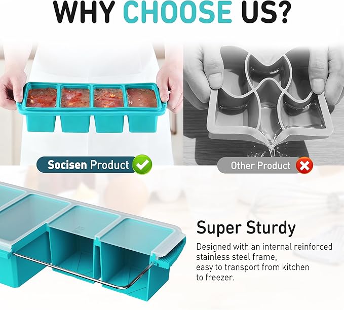 Silicone Freezer Tray with Lid Soup Freezer Container Molds with Steel Reinforced Rim Ice Cube Freezer Molds Large Ice Cube Tray Silicone Freezer Container Freeze & Store Soup Sauce Broth Leftovers