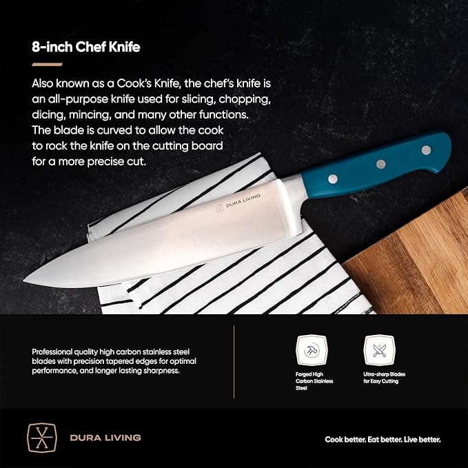 DURA LIVING Chef's Knife Set, 4 Piece Cutlery Knife Set, Superior Forged High Carbon Stainless Steel Ultra Sharp 8 Inch Chef, 7 Inch Santoku, 5 Inch Utility, 3.5 Inch Paring Knives, Royal Blue