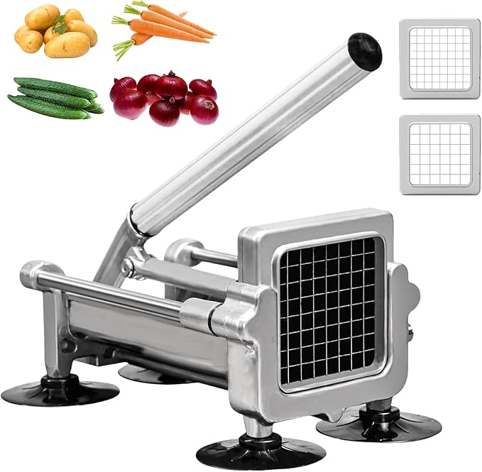 Commercial French Fry Cutter, Heavy Duty Potato Slicer with 3/8 and 1/2Inch Blade, Stainless Steel Potato ChopperFrench Fries Cutter with Suction Feet,