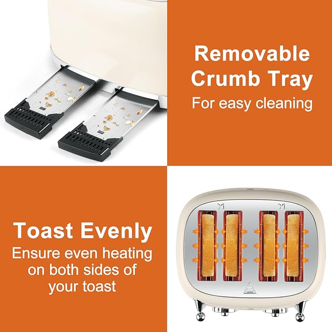 CUSIMAX Toaster 4 Slice, Retro Toaster with Wide Slots for Bagels, Stainless Steel toaster with 6 Toast Settings, Bagel, Cancel, Defrost & Reheat Functions, Dual Independent Control Panels, Cream