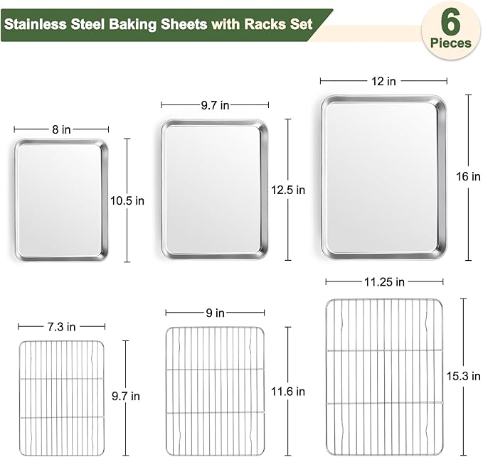 TeamFar Baking Sheet with Rack Set (3 Pans + 3 Racks), 16/12.5/10.5 Inch Stainless Steel Cookie Sheets Baking Pans Trays and Cooling Racks for Cooking Roasting, Non-Toxic & Heavy Duty, Dishwasher Safe