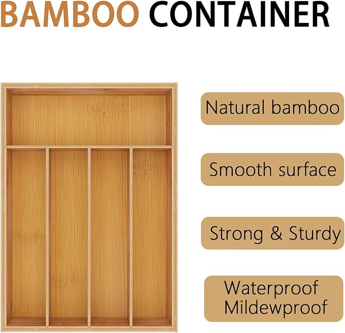 BAMEOS Utensil Drawer Organizer, Cutlery Tray Desk, Silverware Holder Kitchen Knives Tray, 100% Pure Bamboo Cutlery in Natural Color (9.75)